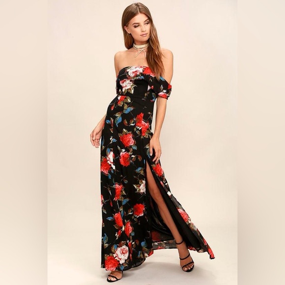 NEW Lulus I Care Black Floral Maxi Dress Off Shoulder Formal Black Red Small NWT - Picture 1 of 10